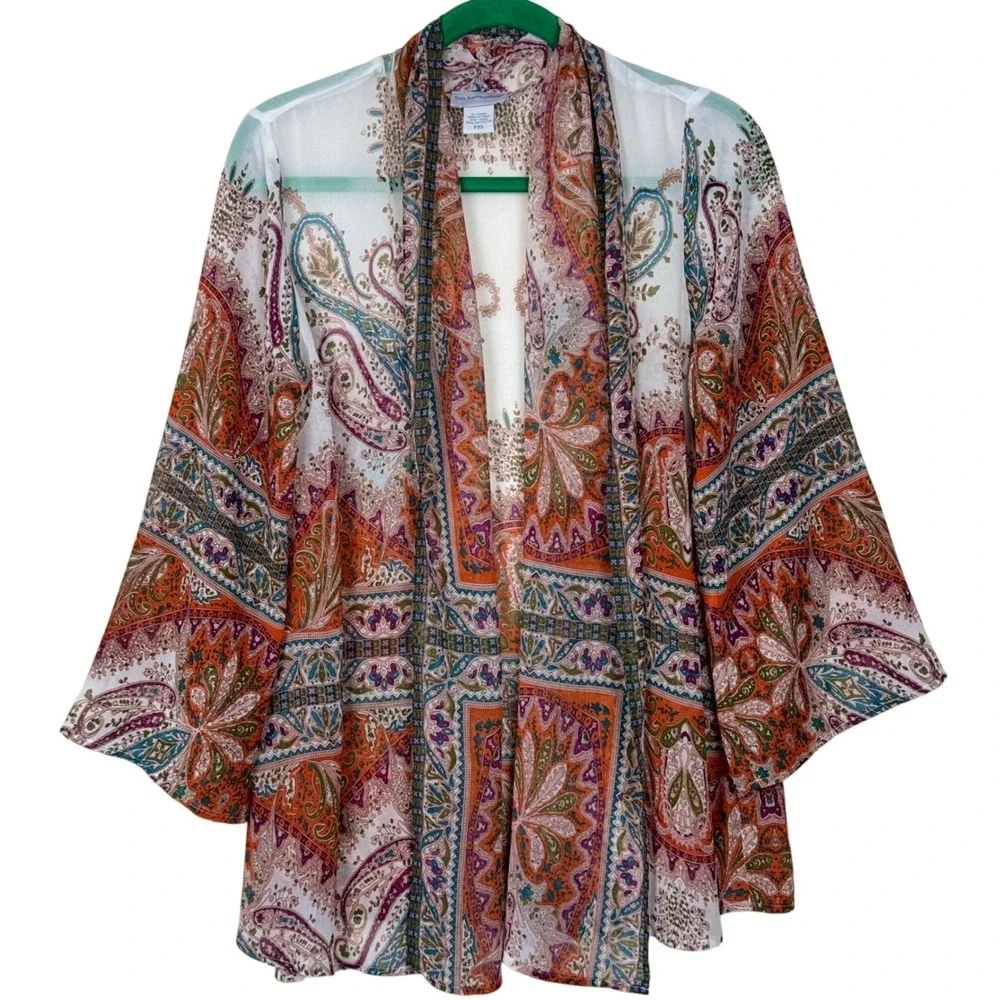 Soft Surroundings Sheer Paisley Kimono Cardigan Topper Women PXS Boho Open Front